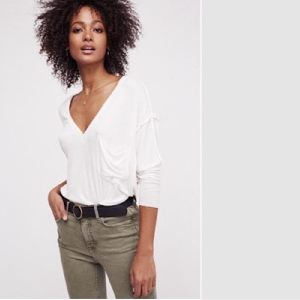 NWT FREE PEOPLE GOLDEN GATE V-NECK LONG DOLMAN SLEEVE TEE WHITE SIZE SMALL Boho